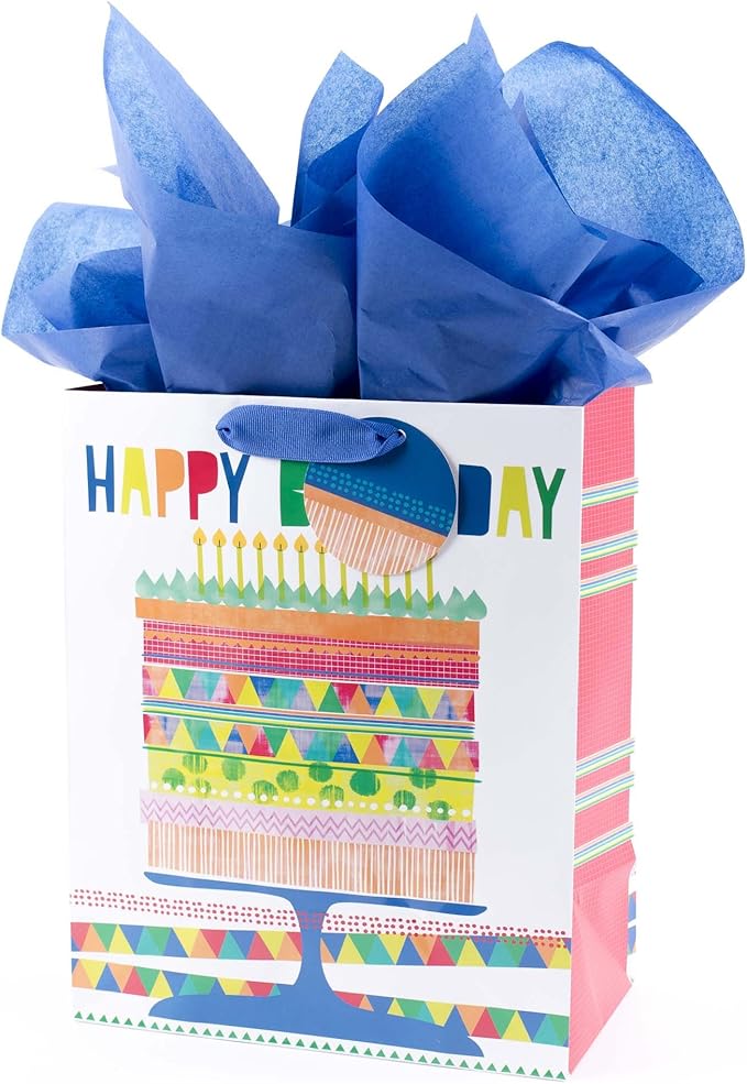 Hallmark 13" Large Gift Bag with Tissue Paper (Bright Cake) for Birthdays, Parties and More