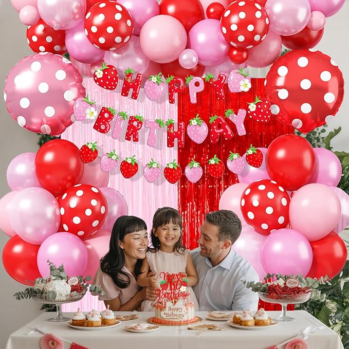 Strawberry Birthday Decorations for Girls, Berry First Birthday Decor Pastel Pink Red Polka Dot Foil Balloons Sweet Strawberry Banner Cake Topper for Sweet Berry Baby Shower 1st Girl Party Supplies
