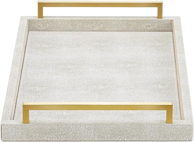 XIGEXIGE Ivory Shagreen Decorative Tray Large Rectangle Coffee Table Tray for Ottoman Faux Leather Serving Tray with Brushed Gold Handles