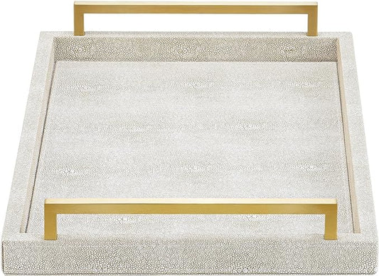 XIGEXIGE Ivory Shagreen Decorative Tray Large Rectangle Coffee Table Tray for Ottoman Faux Leather Serving Tray with Brushed Gold Handles