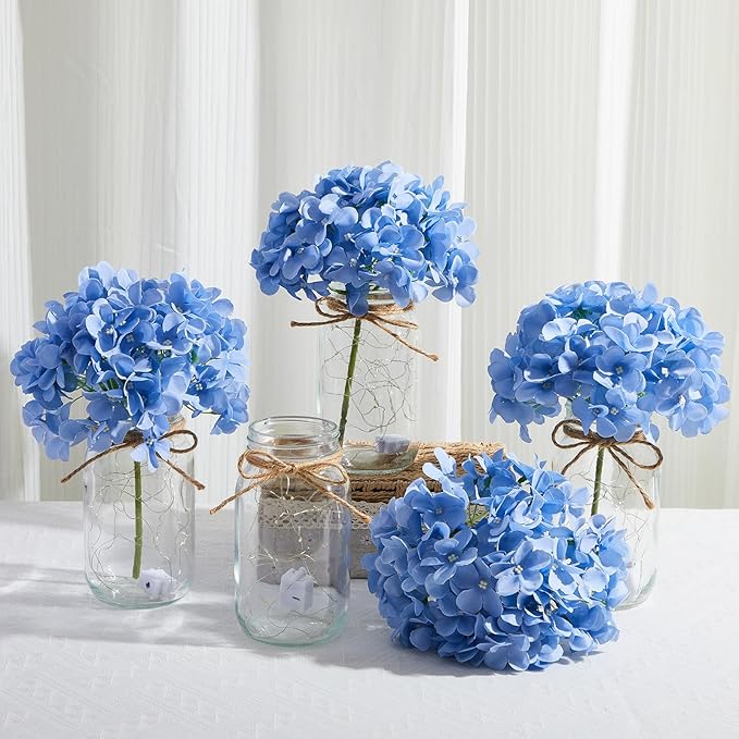 4 Sets Mason Jar Centerpiece with LED Lights and Blue Hydrangea Fake Flowers Vase for Wedding Bridal Shower Party Coffee Table Decor
