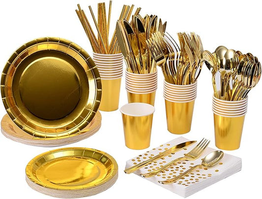 200pcs Solid Gold Party Supplies - Gold Paper Plates & Napkins, Silverware, Serves 25 Sets for Wedding, Bridal Shower, Engagement, Birthday Parties