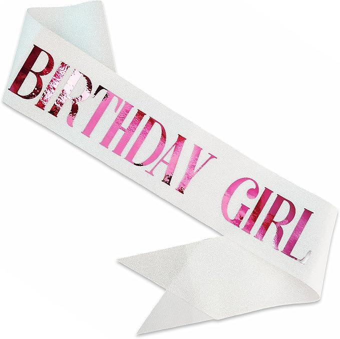 Birthday Sash for Girl, Pink Foil Letter Glitter White Birthday Girl Sash for 10th 11th 13th 16th 18th 21st Bday Gifts Party Suppiles Favors