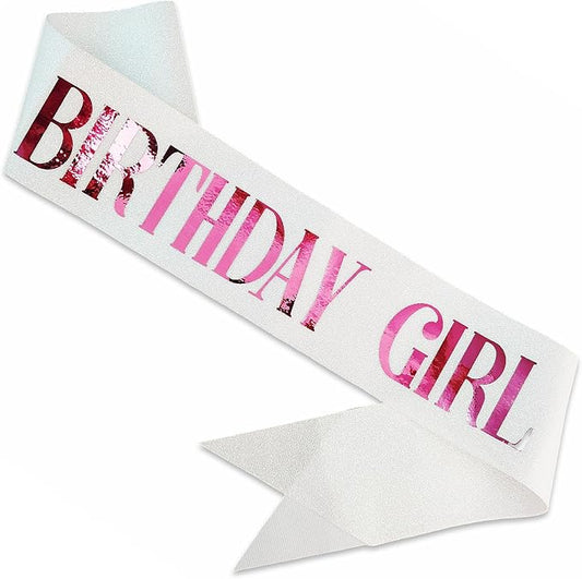 Birthday Sash for Girl, Pink Foil Letter Glitter White Birthday Girl Sash for 10th 11th 13th 16th 18th 21st Bday Gifts Party Suppiles Favors