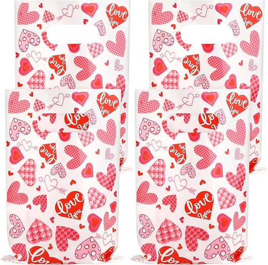 Hxezoc 50 Pieces Valentines Day Gift Bags with Handle, Plastic Treat Candy Bag Heart Goodie Treat Bags for Valentine's Day Anniversary, Baby Showers Birthday Party Supplies