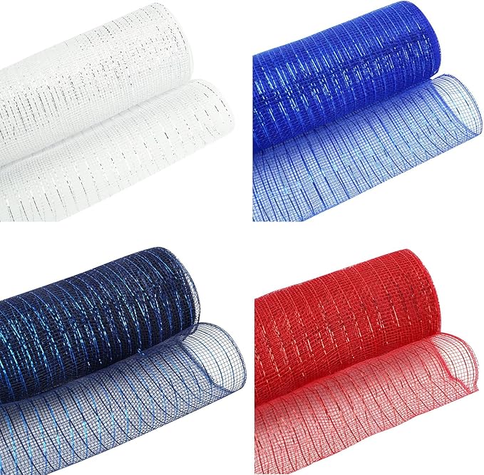 5 Rolls Patriotic Mesh Ribbon for Wreath, 10 Inch x 30FT Per Roll Metallic Foil Deco Mesh Rolls Red White Navy Blue Decorative Mesh for 4th of July Independence Day Memorial Day Party Decor