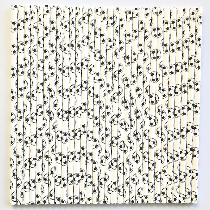 100 pcs Sports Party Paper Straws, Black White Soccer Football Bar Soda Juice Drinking Straws, Kids Teen Boy Birthday Baby Shower Game Day Restaurant World Cup Cake Pop Sticks (White With Soccer)