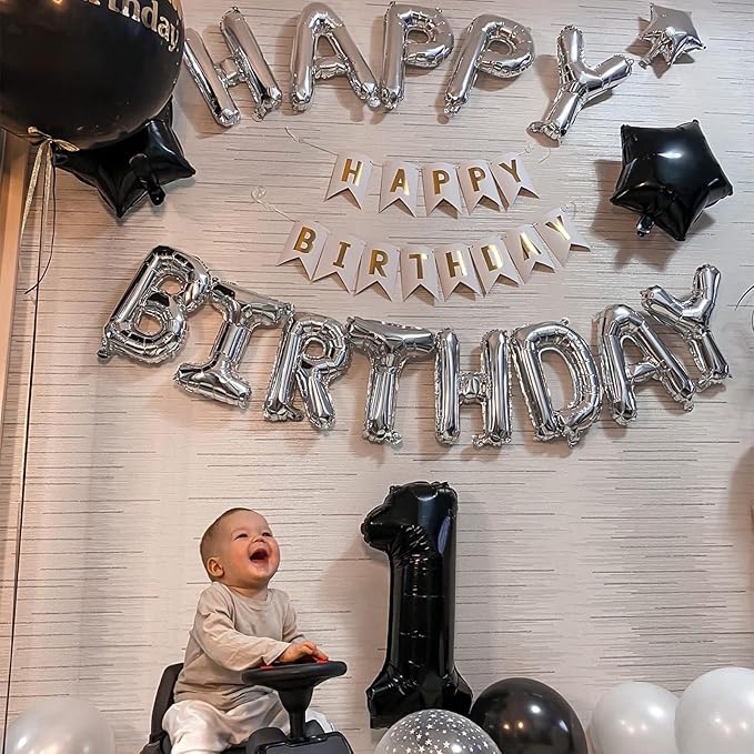 Silver Happy Birthday Balloon Banner, 16 Inch Foil Mylar Happy Birthday Balloons Letters, Reusable Happy Birthday Sign, Silver Birthday Decorations for Women, Men, Boys and Girls