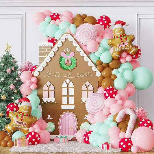 139Pcs Gingerbread Man Balloon Arch Garland Kit Pastel Pink Green Christmas Balloon Garland, Giant Gingerbread Man Candy Cane Sweet Lollipop Balloon for Xmas New Year Birthday Party Decorations
