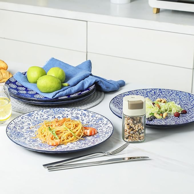 KitchenTour Ceramic Dinner Plates, 10.5 Inch Large Salad Plates Set of 4, Serving Plates for Dessert, Pasta, Steak, Dishwasher and Microwave Safe