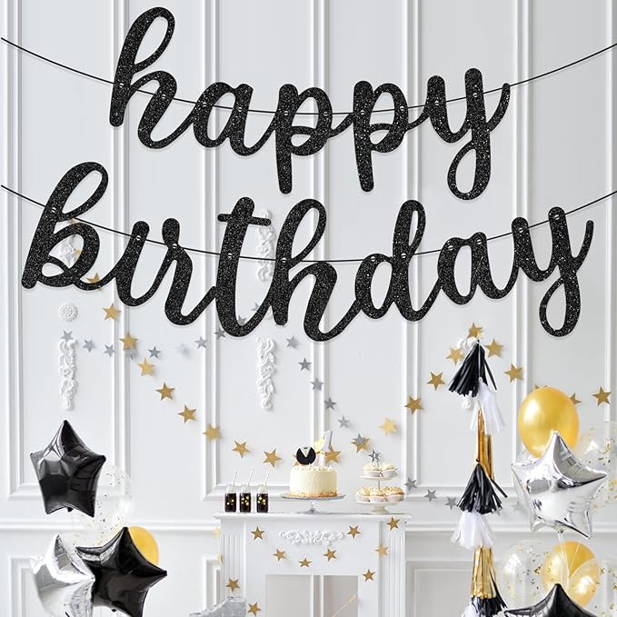 Glitter Happy Birthday Banner Sign Wall Door Banners for Women Men Boys Girls Birthday Party Backdrop Garland Decorations, Personalized Letters Name Banners Connected Black