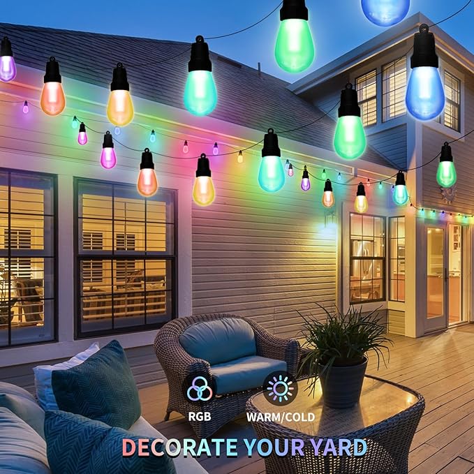 CAWWS Outdoor String Lights 27FT, Outdoor Lights for Patio with 10 Dimmable RGBW LED Bulbs, IP66 Waterproof Shatterproof, with APP Control & Remote, 24V Adapter Color Change,for Backyard Décor