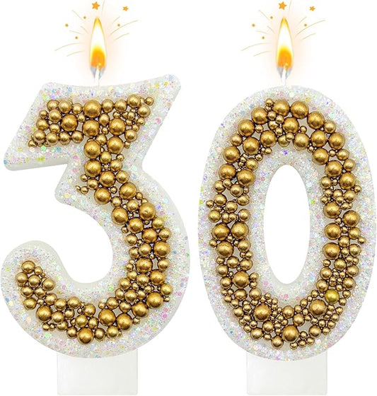 30 Birthday Number Candle for Cake, Glitter Number Candle with Gold Beads, Decorative Cake Topper for Milestone Celebrations