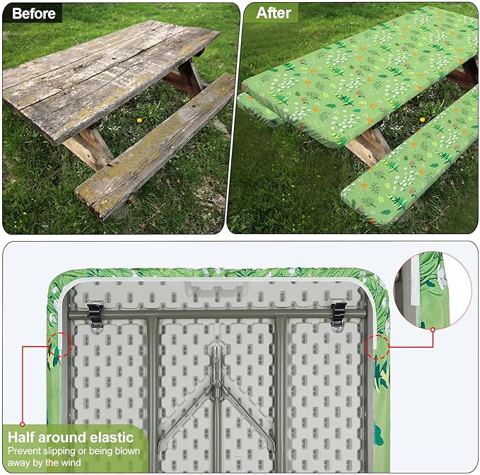 Picnic Table Cover with Bench Covers Camping Essentials Waterproof Windproof Camping Tablecloth with Drawstring Bag, Fitted Rectangle Tables and Seats, 96in, Grass Green