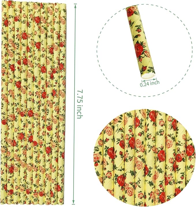 100 pcs Yellow With Red Rose Flower Paper Straws, Wild Floral Juice Beverage Party Drinking Straws, Vintage Retro Garden Tea Wedding Spring Summer Valentine Decor Cake Pop Sticks (Flower H003)