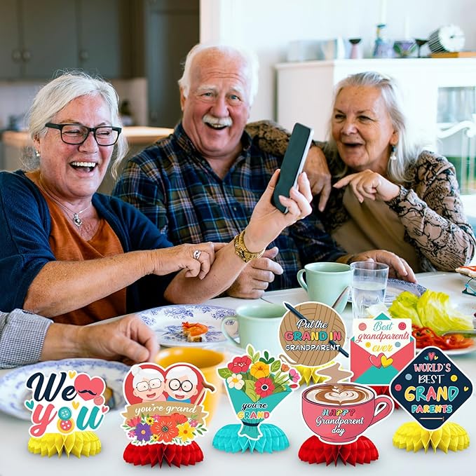 JULMELON 8PCS Happy Grandparents Day Decorations, Double Side Honeycomb Centerpieces for Tables Grandma and Grandpa Party Decorations Supplies