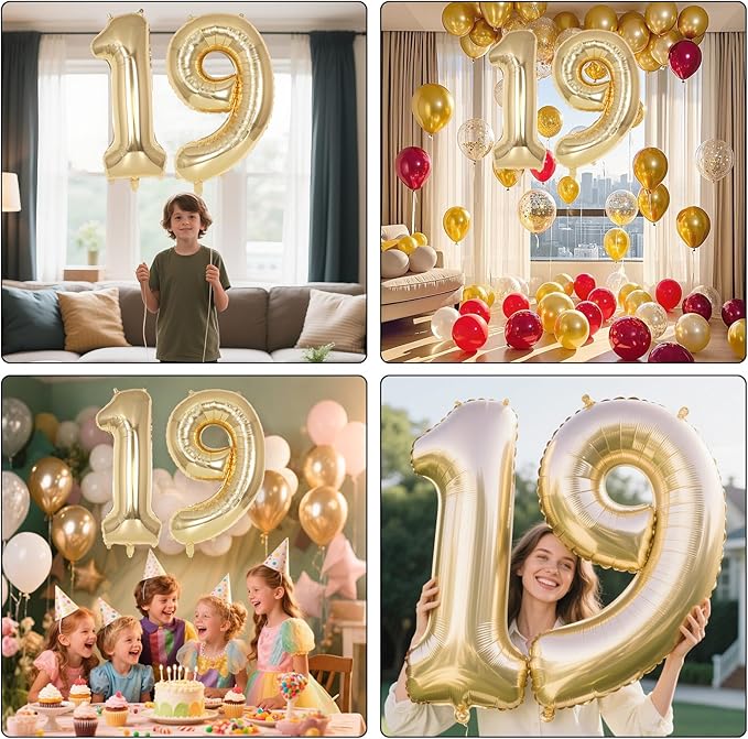 Champagne Gold Large Number 19 Balloon, 40 Inch Light Gold Foil Helium Number Balloons, Giant Mylar Number 19 Balloons for 19 Years Old Birthday Party Anniversary Decorations (Champagne Gold 19)
