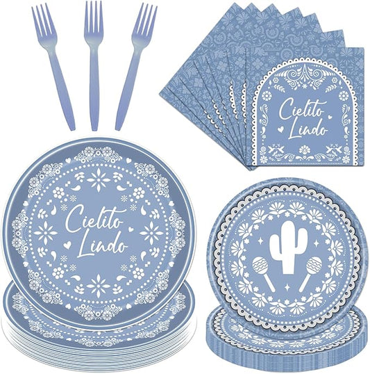 Cielito Lindo Party Decoration Tableware, 96PCS Cielito Lindo Baby Shower Paper Plates and Napkins Decoration Mexican Themed Forks Decor Mexicano Fiesta Supplies, Serve 24