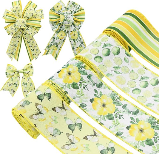 4 Rolls Floral Wired Edge Ribbon – Spring Summer Yellow Grosgrain with Butterfly, Lemon & Flower Motifs for Gift Wrapping, Wedding Decor, DIY Crafts (2.5 Inch, 5 Yards Each)