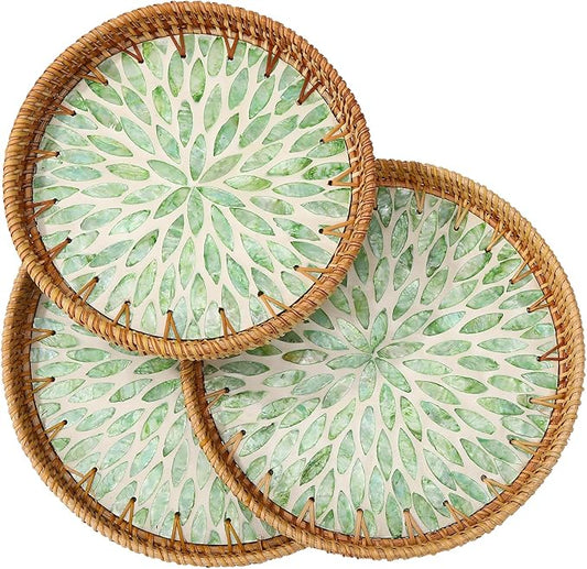 3 Pack Round Rattan Tray with Mother of Pearl Inlay, Decorative Boho Woven Basket Trays for Breakfast Tea Snack Fruit Coffee