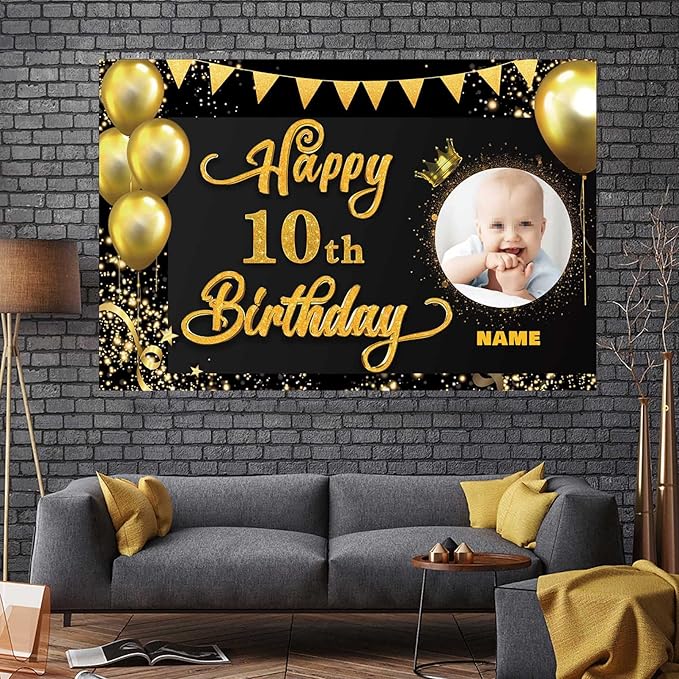 Custom Happy 10th Birthday Decorations Banner -10 Years Old Birthday Decorations Backdrop for Women Men Boys Girls - Personalization Happy 10th Birthday Party Decorations Supplies - Black and Gold