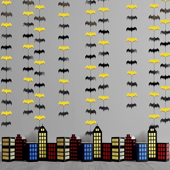Cheerland Bat Birthday Decorations Black and Yellow Super Hero Birthday Party Supplies Bat Themed Streamers Photo Backdrop Hanging Paper Comic Book Superhero Garland Kids Party Supplies Decor 10 Pcs