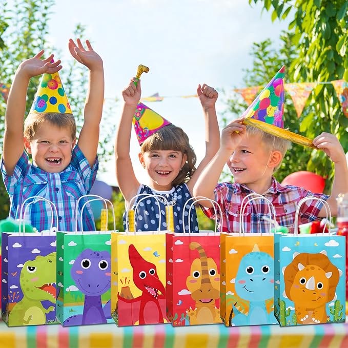 Pajean 24 Pcs Dinosaur Candy Bags with Handle, Dinosaur Party Favor Paper Bags Kids Gifts Goodie Treat Wrapping for Boys Girls Dino Theme Birthday Baby Shower Party Supplies(Cartoon Style)