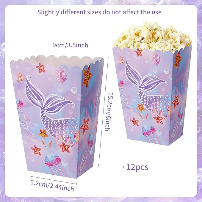 BACH AND BOUJEE 12 PCS Mermaid Popcorn Boxes Under the Sea Party Favor Goodie Boxes Candy Bags for Girls Princess Mermaid Birthday Party Supplies Baby Shower Wedding Decorations
