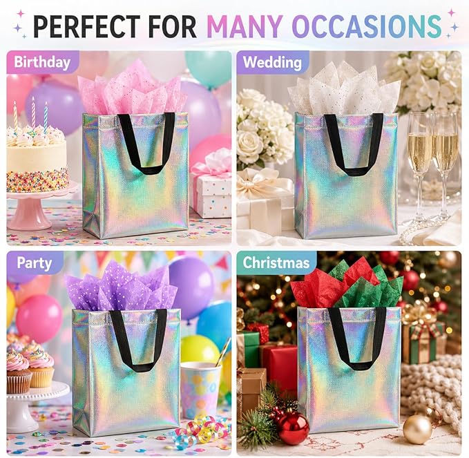MAQIHAN 6 Pcs Iridescent Gift Bags Bulk - Mother's Day Iridescent Glossy Gifts Bags Medium Size,Reusable Gift Bag with Handles for Birthday Party, Wedding, Party Favor, Christmas, Easter