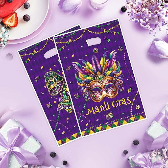 MOIZYNG 50 Pcs Mardi Gras Gift Bags with Handles, Purple Green Masquerade Mask Bow Plastic Treat Goodie Bags for New Orleans Carnival Birthday Mardi Gras Party Favors Supplies