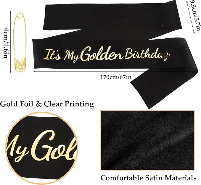 It's My Golden Birthday Sash - Black Satin with Gold Foil Golden Birthday Sash for Women Funny Party Favor Supplies Accessories Gifts for Girls