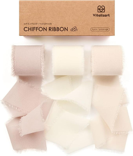 Vitalizart White Handmade Chiffon Silk Ribbon Fringe 1.5" x 21 Yd Nude & Ivory Frayed Edges Ribbons for Wedding Invitations Bridal Bouquets Gifts Wrapping Crafts Holiday Party Decorations