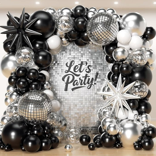 153Pcs Black and Silver White Balloon Garland Arch Kit with Stars, 22 18 12 10 5 inch Disco Ball Balloons Black White Metallic Silver Confetti Balloon for Birthday Graduation Party Decorations