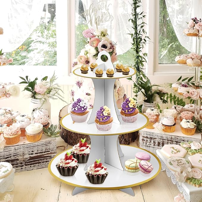 Soleebee 3-Tier Round Cupcake Stand, Cardboard Cupcake Tower, Dessert Cup Cake Stand Tower for Birthday Wedding Party Decoration, Cupcake Tier Stand 1 Set (White Gold)