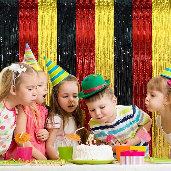 BEISHIDA 3Pcs Black Red Gold Door Streamer Colorful Backdrop Foil Fringe Tinsel Curtains Cartoon Mouse Backdrops for Birthday Baby Shower Children's Day New Year Party Decoration (3.28 ft x 6.56 ft)