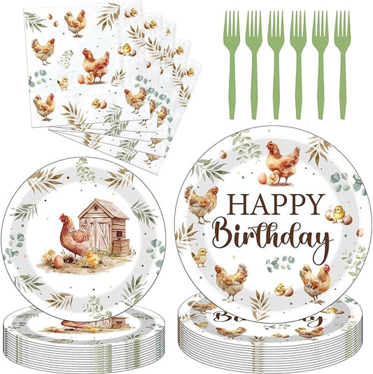 Chicken Birthday Party Decorations - 96 Pcs This Chick is One Disposable Paper Dessert Plates Napkins Forks Tableware Decor Set Barnyard Farm Animal Table Supplies for Kids Serves 24 Guests
