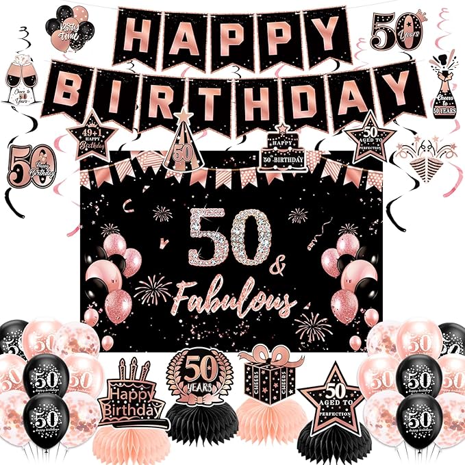 50th Birthday Decorations for Women, Pre-Strung Black Rose Gold Happy Birthday Banner Balloons Backdrop Honeycomb Centerpieces & Hanging Swirl Streamers, 50 Years Old Birthday Party Decorations Kit