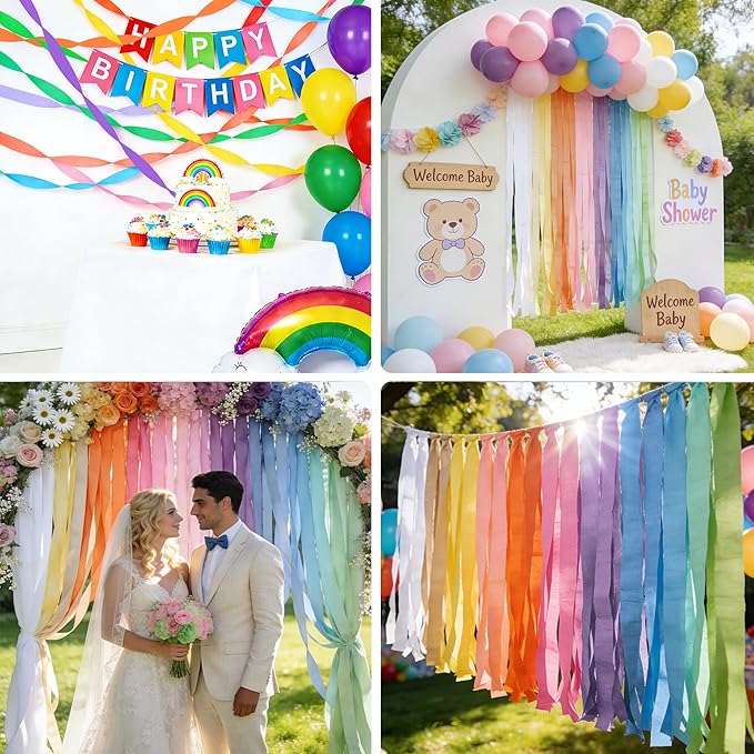 Oubest Pastel Crepe Paper Streamers Party Decorations, 12 PCS Crepe Paper Rolls Colorful Streamers for Pastel Rainbow Birthday, Baby Shower, Wedding Mermaid Candyland Party Backdrop Decor DIY Crafts