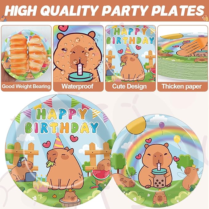 96PCS Capy Themed Bara Birthday Party Supplies Cute Cartoon Capy Paper Plates and Napkins Kapybara Themed Disposable Tableware Animal Dinnerware Decorations Set for Kids Birthday Baby Shower Serves24