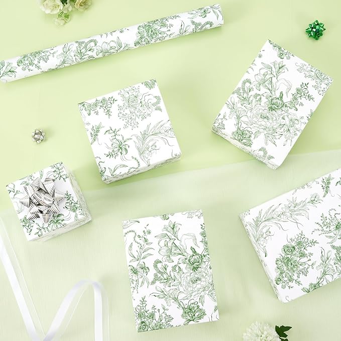 WERNNSAI Green Wrapping Paper Roll - 1 Roll 17”x 33 ft Vintage Floral Wrapping Paper Green Flower Bouquet Gift Wrap for Girls Women Birthday Bridal Shower Wedding Supplies