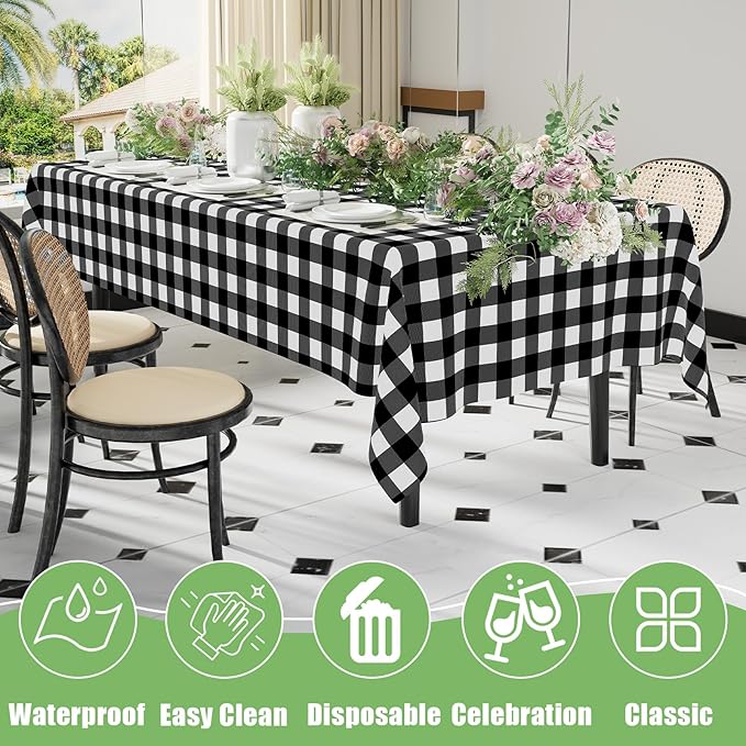 Smiry 6 Pack Black Gingham Disposable Tablecloths - 54" x 108" Heavy Duty Plastic Table Cloth, Waterproof Buffalo Plaid Table Covers for Picnic, Banquets, Outdoor Parties