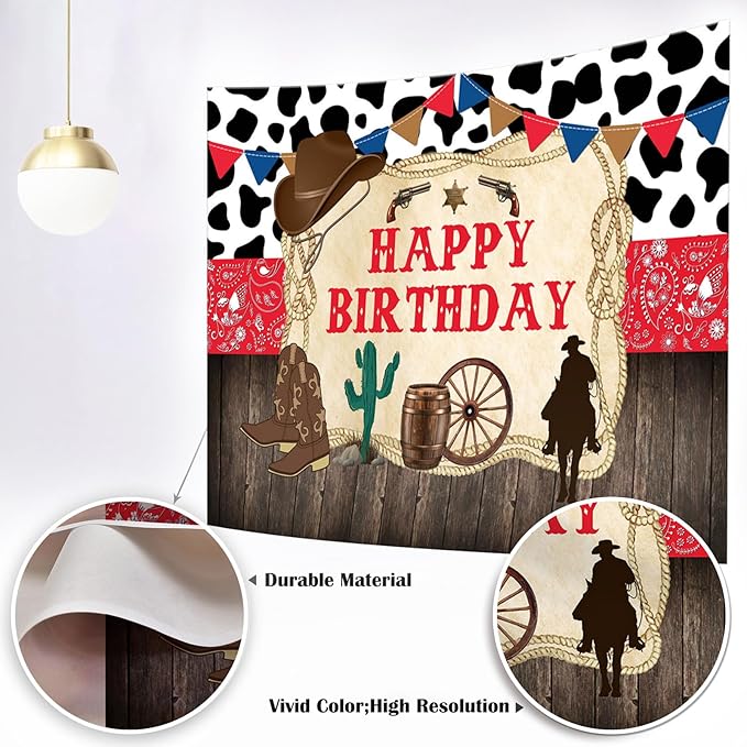 Mocsicka 7x5ft Western Cowboy Happy Birthday Backdrop Rustic Old West Rodeo Decorations Red Bandana Wood Background for Kids Party Photography Banner (7x5ft (82x60 inch))