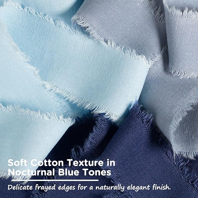 Dark Blue Cotton Ribbon 1-1/2 Inch Navy Blue, Dusty Blue & Baby Blue 3 Rolls 21 Yards Frayed Edge Fabric Set for Formal Wedding Decor, Graduation Party, Father's Day, Gift Wrapping & DIY Crafts