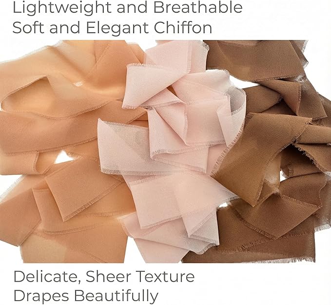 Chiffon Ribbon 3 Pack, 1.5 Inch Frayed Edge Polyester Chiffon Ribbon, 21 Yards Total in Light Pink, Dark Snow Bud and Coffee for Wedding Bouquet Wrapping, Gift Box Decoration and DIY Crafts