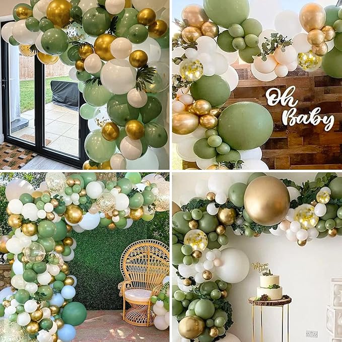 CANREVEL 125pcs Sage Green Balloon Garland Arch Kit White Gold Confetti Balloons Retro Green Latex Balloon for Birthday Party Baby Shower Wedding Christmas Holiday Balloon Jungle Decorations
