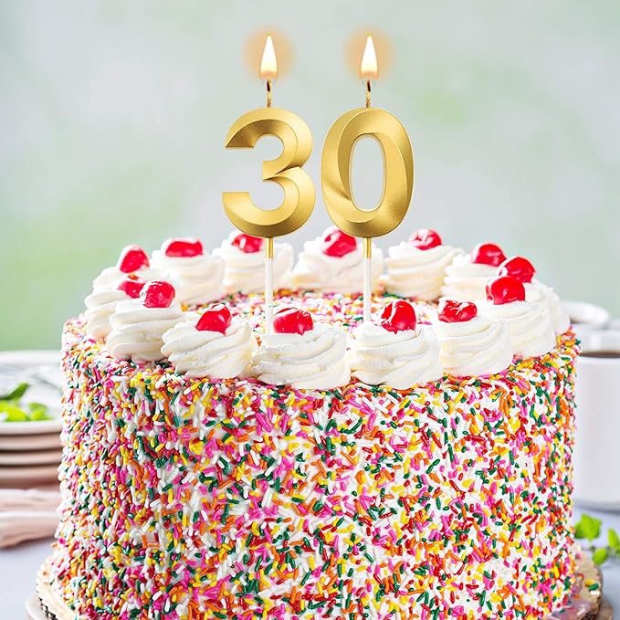 BBTO 30th Birthday Candles Number Candles Cake Topper Decoration for Birthday Wedding Anniversary Celebration Supplies(Gold)