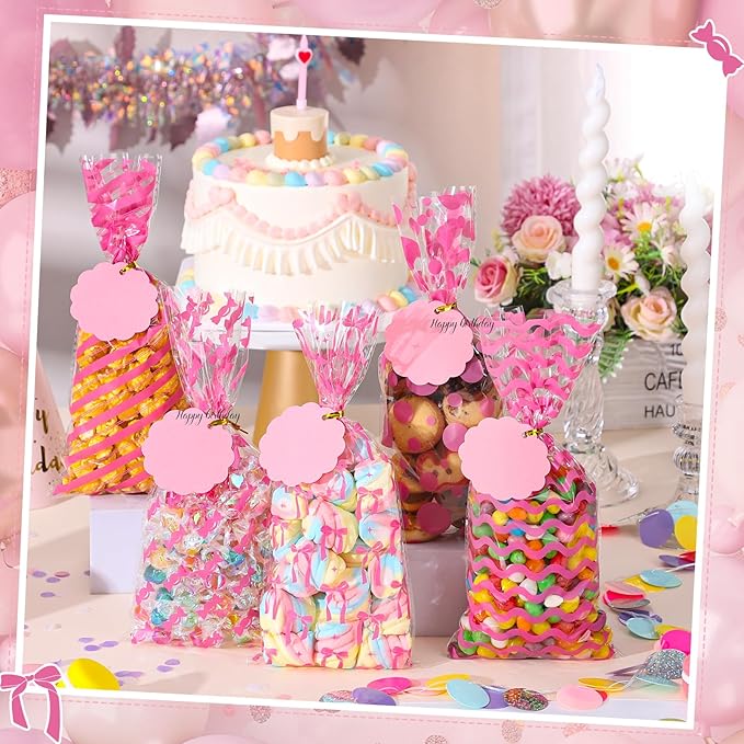 woric 100 Set Pink Cellophane Bags 5 x 10.6 Inch Plastic Mother's Day Treat Bags Gift Candy Bag with 100 Gift Tags and Twist Ties for Pink Bow Birthday Weddings Baby Shower Decorations