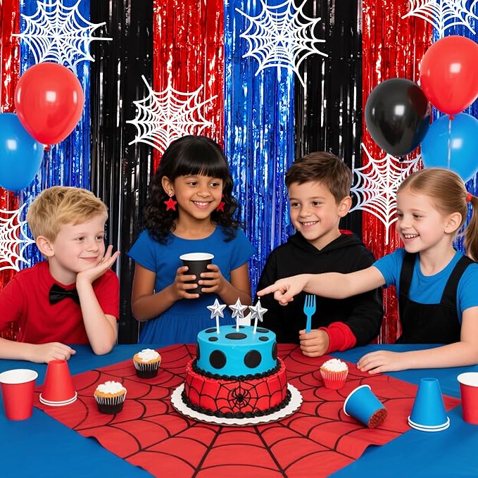 BEISHIDA 3Pcs Red Blue Black Door Streamers Backdrop Foil Fringe Tinsel Curtains Backdrops for Spider Theme Birthday Party Supplies (3.28 ft x 6.56 ft)