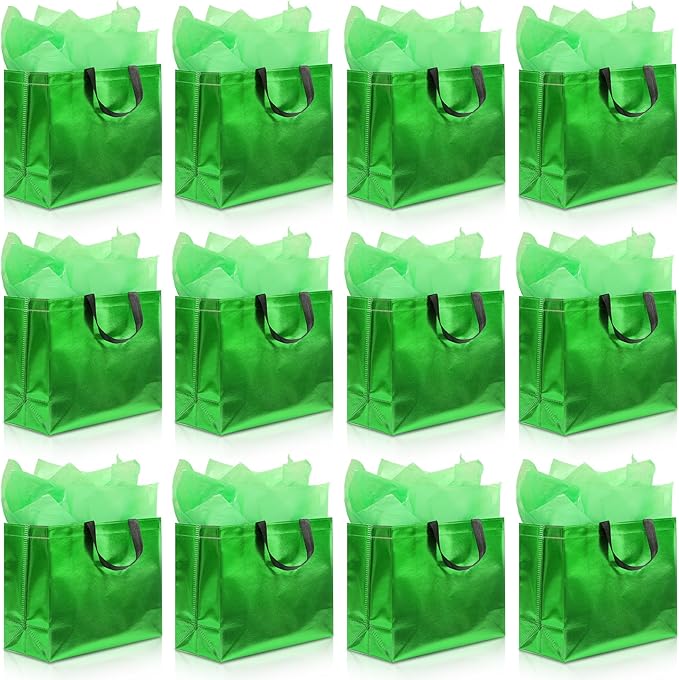 KeerxunBag 12Pcs Reusable Gift Bags（Includes Tissue Paper） Gift bag with handle Birthdays Parties Holidays Weddings Medium 13x5x11in Green Gift Bags