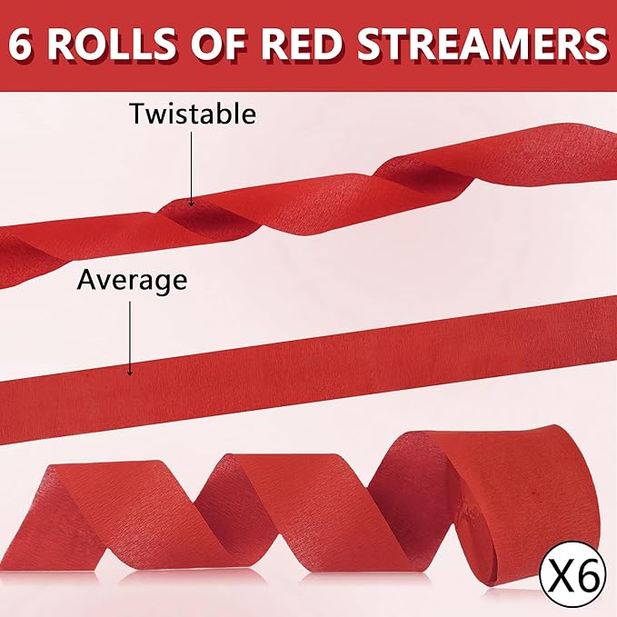 Crepe Paper Streamers 6 Rolls Red Streamers 2.2 Inches 738 Feet, Streamers Party Supplies DIY Crafts for Birthday, Wedding, Baby Shower, Bachelorette Party, Graduations Decorations, Red